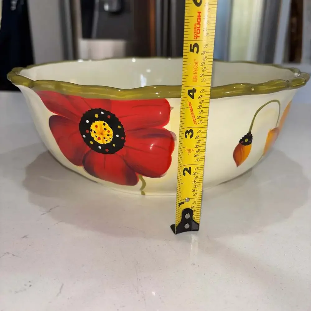 Clay Art Poppies Pattern Hand Painted Scalloped Serving Bowl 10.5”